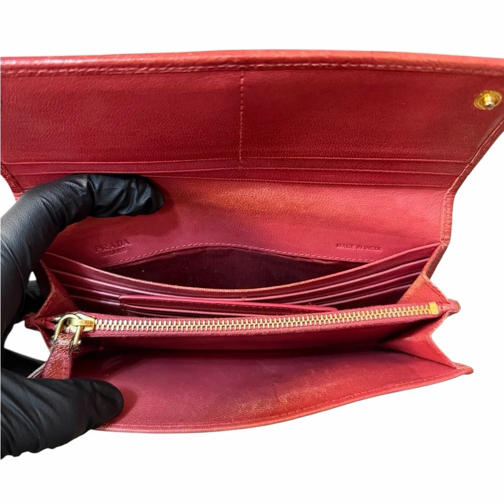 Prada Madras Intrecciato Rosso Long Wallet w/ Removable ID Card Holder (A194) - Picture 11 of 12